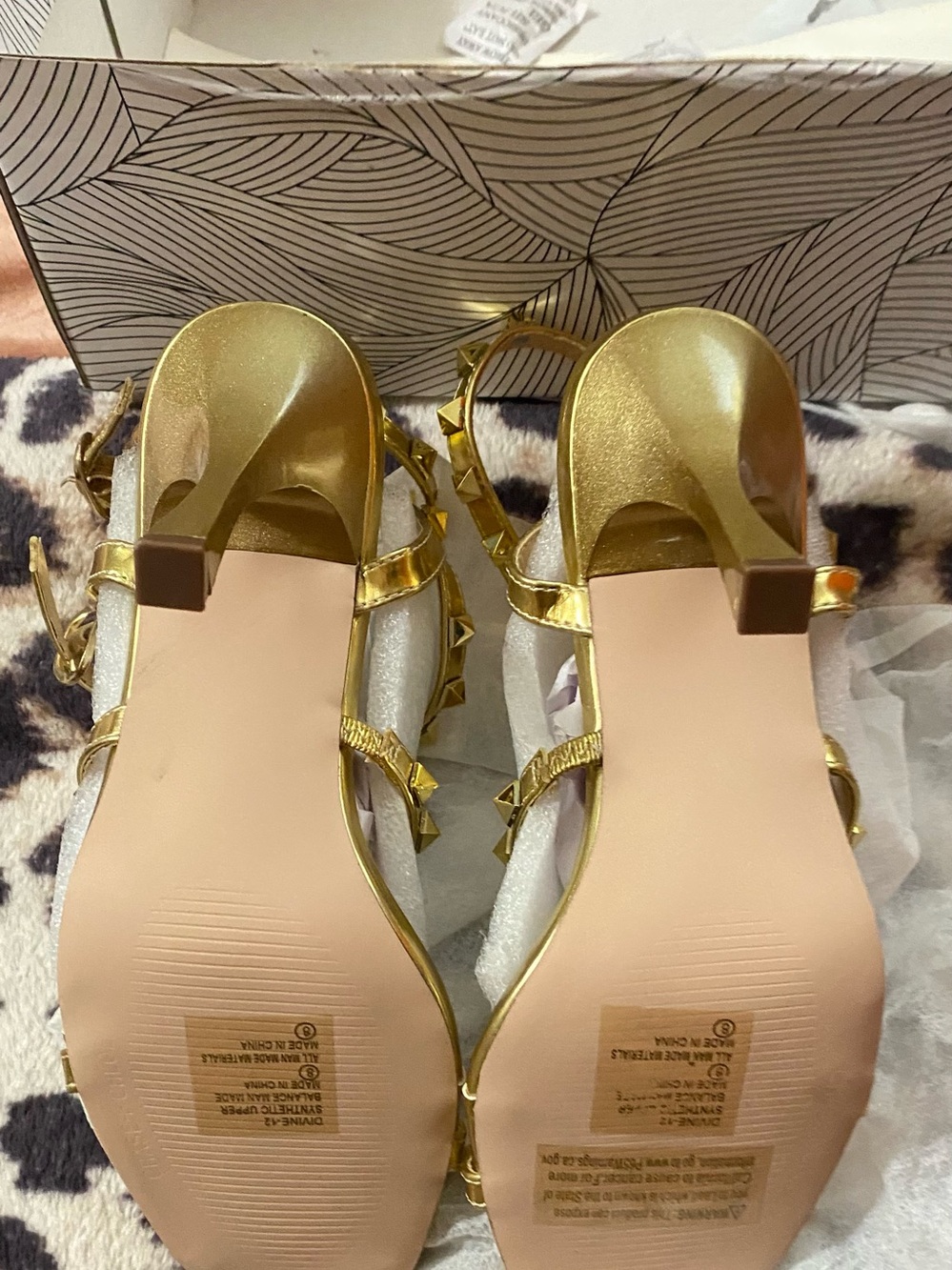 Chase + Chloe Gold Pyramid-Stud Ankle Strap Heels